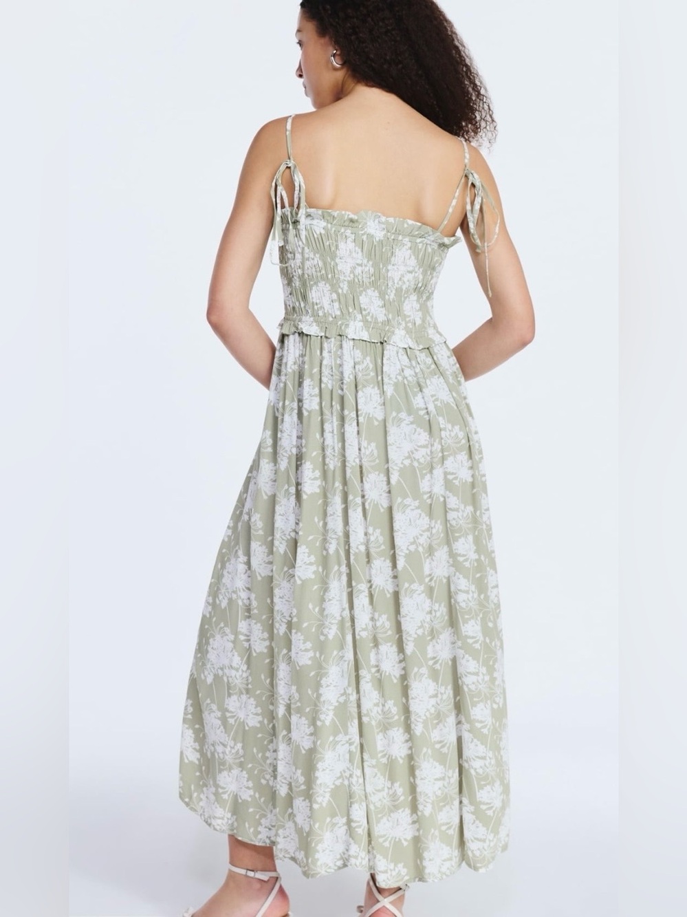 Free Assembly Women's Smocked Peplum Adjustable Tie Straps Olive Maxi Dress